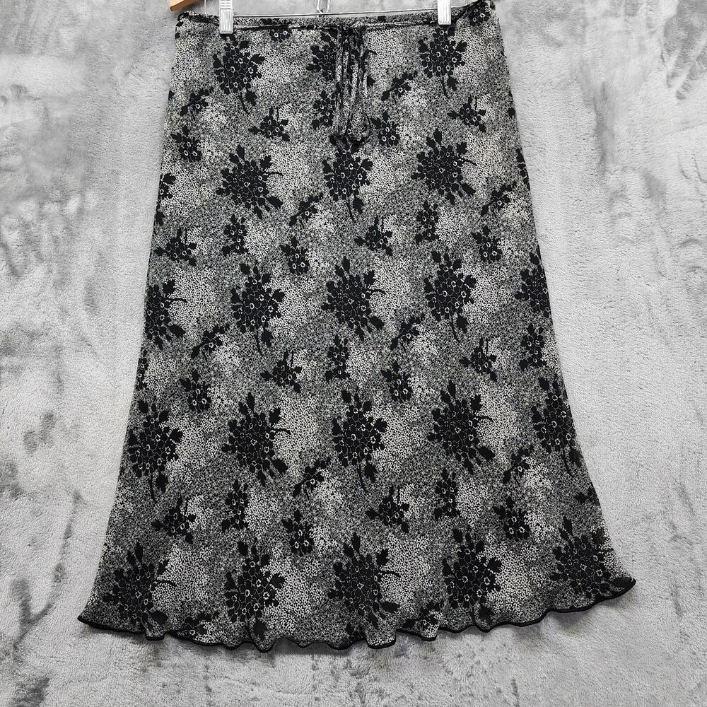 Vintage JKLA California Skirt Women M Black Gray Floral Tie‎ Waist Pull On Midi